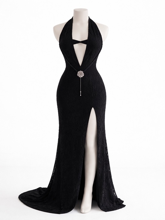 Murci Dresses & Skirts - Murci Black Lace Halter Gown US 6 Plunge Neck Maxi Dress High Slit Formal